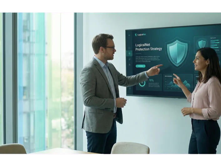 A LogicalNet consultant walks a client through a protection strategy on a wall screen