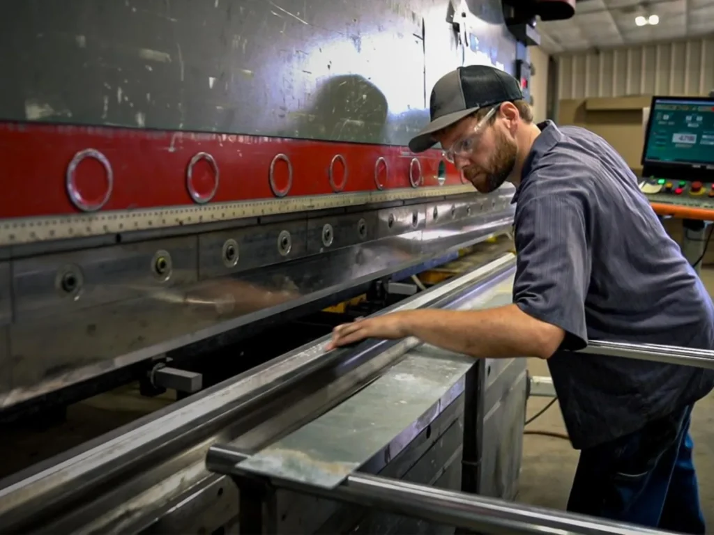 A machine operator bending steel at a press brake