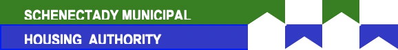 The old Schenectady Municipal Housing Authority logo: green and blue bars with house shapes